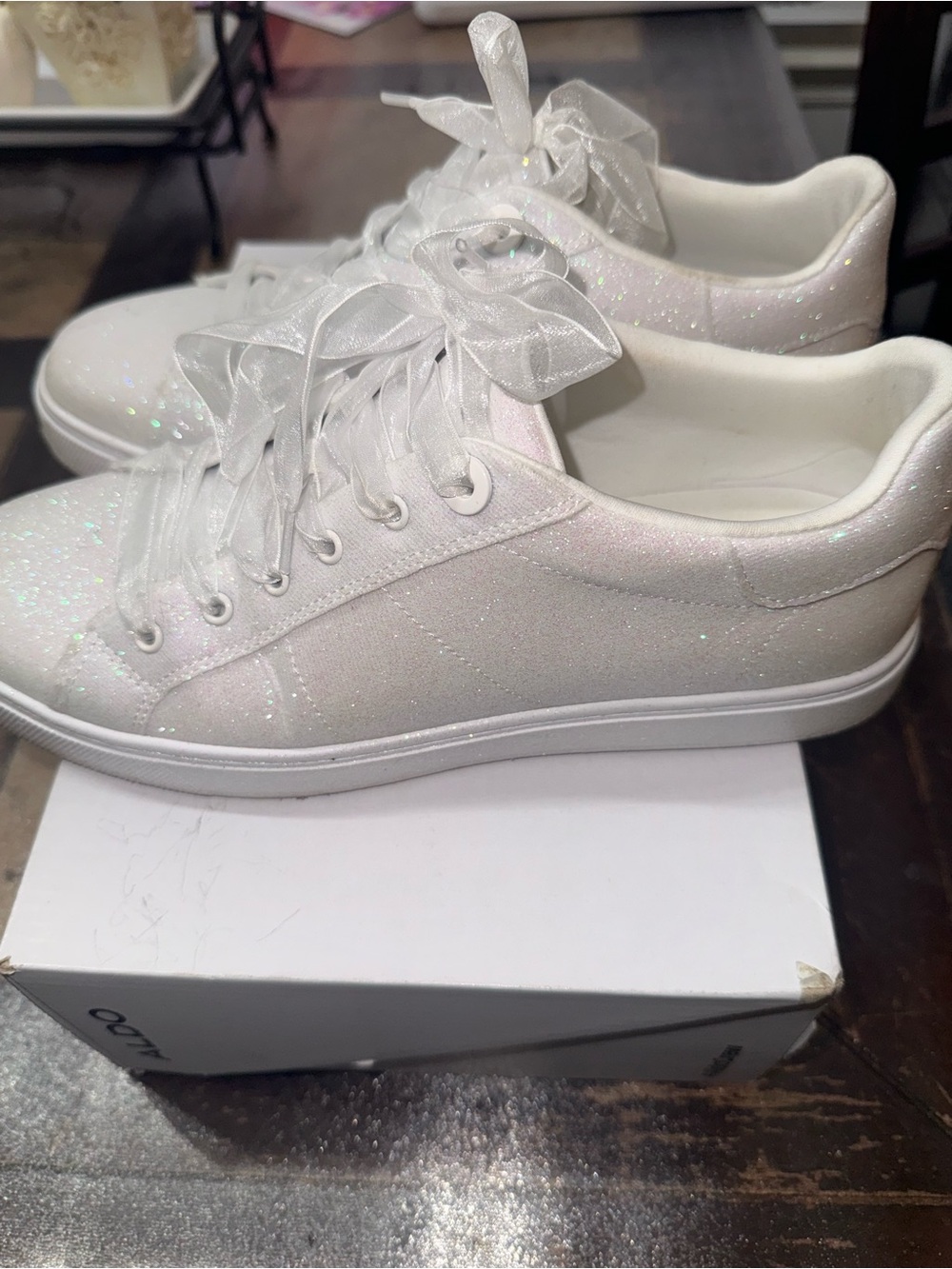 Aldo White Glitter Low-Top Sneakers with Sheer Ribbon Laces
